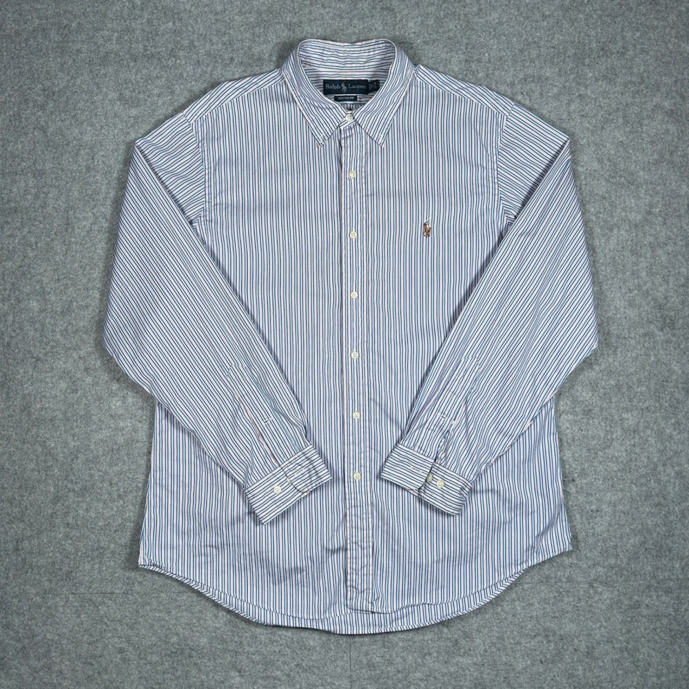 Ralph Lauren button down Shirt Mens 17 34/35 XL Blue striped flesh pony logo
